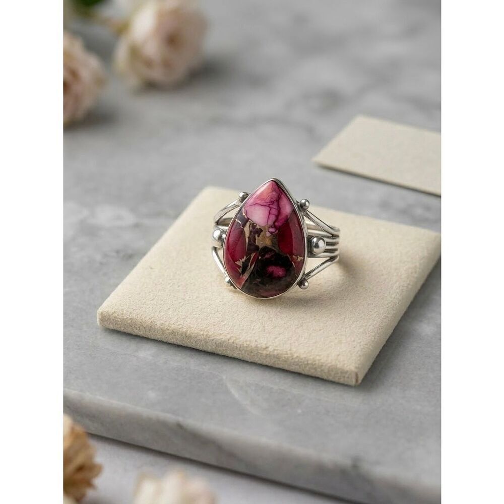 Southwestern Teardrop Red Rose Dahlia Turquoise Statement Ring Silver Size 5